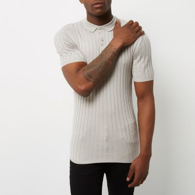 Light grey ribbed musle fit polo shirt